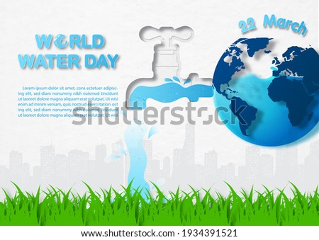 World water day letters and example texts with blue earth in water tap design and the water flows on grassland and silhouette cityscape background. 