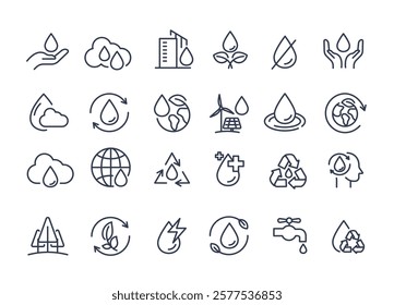 World water day with line icon set. water drop, treatment, sewage, recycle, fresh, save water in environmental sustainability, protect the environment. vector design.