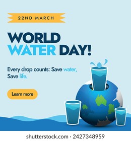 World Water Day. March 22, World Water day celebration banner with three water glasses around earth globe, every drop matter. Water for peace. 