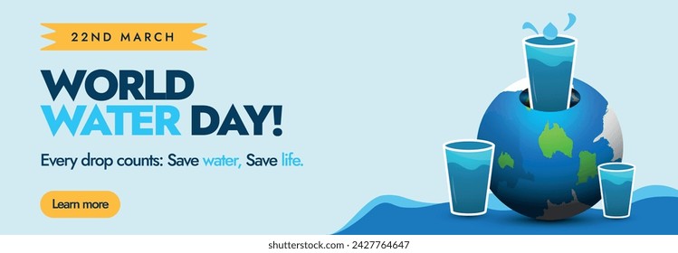 World Water Day. March 22, World Water day celebration cover banner with three water glasses around earth globe, every drop matter. Saving Water for peace, save life conceptual banner. 