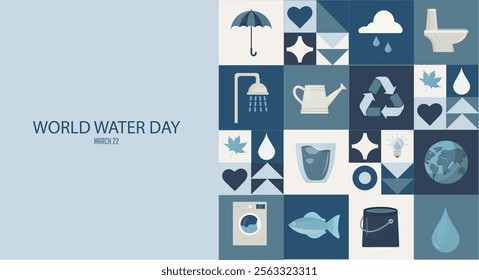 World Water Day March 22 Minimalist Grid Design. Modern promotional design with water conservation icons in grid pattern, featuring navy and light blue color scheme with eco-friendly icons. Save water