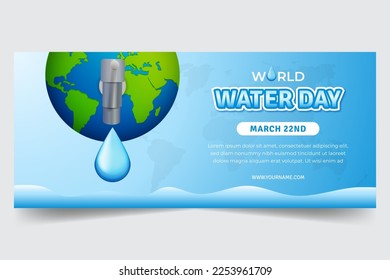 World water day march 22nd horizontal banner with globe and water faucet illustration on blue background