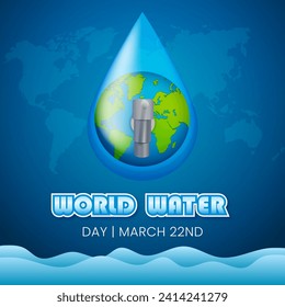 World Water Day March 22nd with earth water droplets and water faucet illustration
