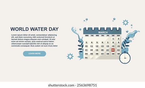 World Water Day March Calendar Banner Design. Water management concept. Flat design vector illustration. Countdown for water conservation. World water day. Environmental calendar vector