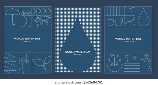 World Water Day Minimalist Design Poster. water conservation icons and a large droplet, promoting sustainability awareness on March 22. Sustainable development goals illustration. Save water vector.