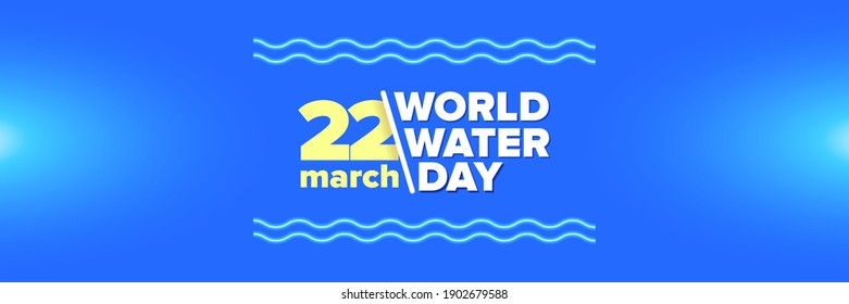 World water day neon style horizontal banner design template. 22 march International water day neon concept horizontal vector illustration with text and water on blue water background.