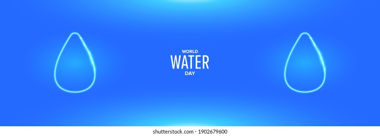 World water day neon style horizontal banner design template. 22 march International water day neon concept horizontal vector illustration with text and water on blue water background.