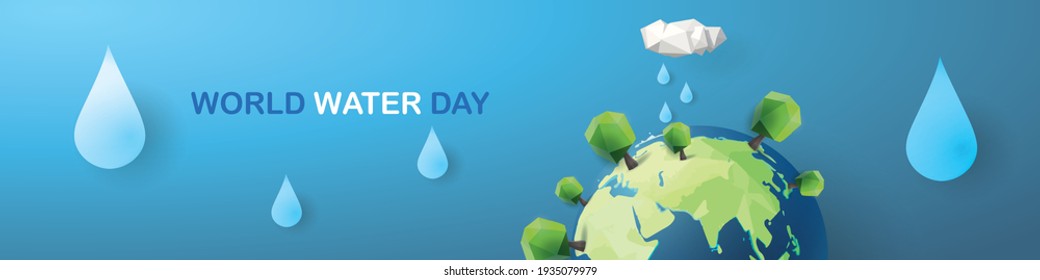 world water day on 22 march vector illustation blue background and ecological concept green natural plant save the world paper art for poster page .
