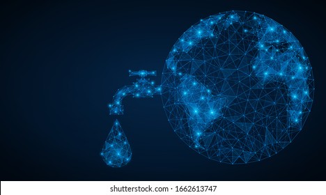 World water day. Polygonal planet earth with a tap and a dripping drop of water.