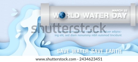 World water day poster campaign in water pipe design and paper cut style with wording of World water day, example texts on blue paper pattern background.