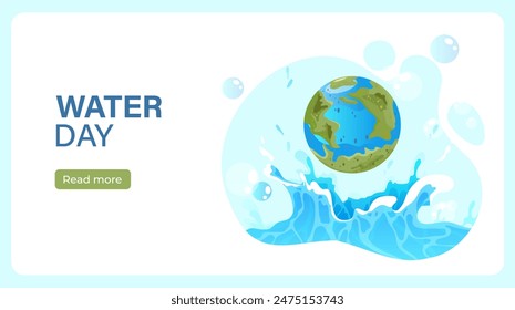 World water day poster. Care about ecology and environment. International holiday and festival 22 March. Landing webpage design. Cartoon flat vector illustration isolated on blue background