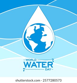 World water day poster with drop and earth globe on wave lines water background. Celebrated on March 22. Save water for ecology and environment conservation. Colored flat vector illustration