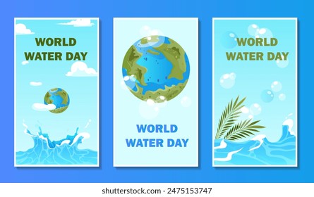 World water day posters set. Care about ecology and environment. International holiday and festival 22 March. Pure and fresh aqua. Cartoon flat vector collection isolated on blue background