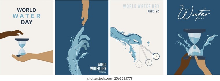 World Water Day Posters set. Set of four minimalist posters featuring hourglasses and water dynamics, illustrating time's relationship with water conservation for World Water Day. Earth day concept.