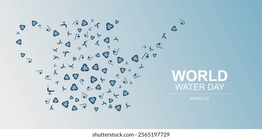 World Water Day Recycling Symbols Pattern Design. recycling symbols and plumbing icons in navy blue, arranged in a flowing pattern beside World Water Day text. World water day banner illustration