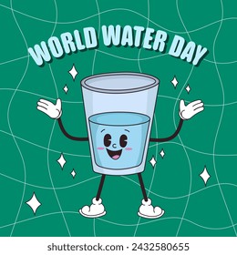 Día Mundial del Agua. Carácter retro de un vaso de agua. Ilustración vectorial.