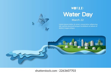 World Water Day, save water, a bottle of water with a green city inside, paper illustration, and 3d paper.