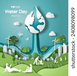World Water Day, save water, a drop of water with a lot of people at the blackground involved in activity. Paper illustration and 3d paper.