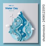 World Water Day, save water, a water drop with a city inside. Paper illustration and 3d paper.