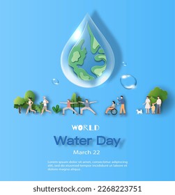 World Water Day, save water, a drop of water with a lot of people at the blackground involved in activity. Paper illustration and 3d paper.