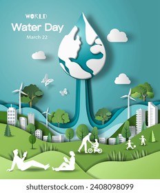 World Water Day, save water, a drop of water with a lot of people at the blackground involved in activity. Paper illustration and 3d paper.