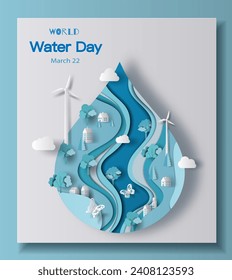 World Water Day, save water, a water drop with a city inside. Paper illustration and 3d paper.