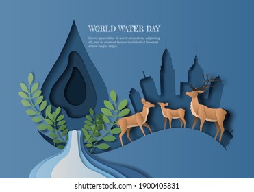 World Water Day, save water, a landscape of deer family with water drop and city background, paper illustration and 3d paper.