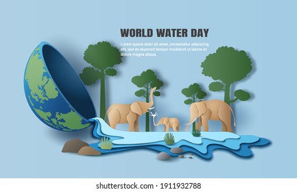 World Water Day, save water, a landscape of elephant family with trees, water flows out from the earth. Paper illustration and 3d paper.