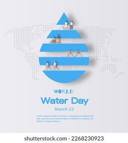 World Water Day, save the planet and water concept, people on a drop of water sign. Paper illustration and 3d paper.