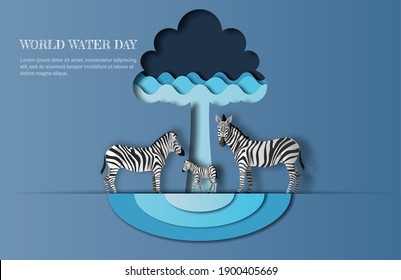 World Water Day, save water, a zebra family with tree and water wave icon, paper illustration, and 3d paper.