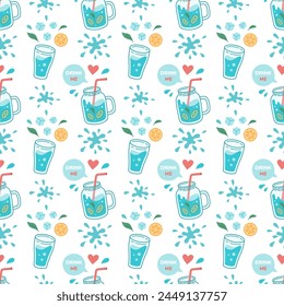 World water day seamless pattern. Drink more water concept pattern. Drinking water in glass, jug. Zero waste concept. Detox texture. Vector illustration.