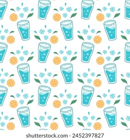 World water day seamless pattern. Drink more water concept pattern. Water in drinking glass with ice cubes and orange, mint. Zero waste concept. Vector illustration.