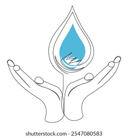 Día mundial del agua arte de una sola línea, dibujo continuo de una línea de Arte vectorial de contorno aislado icono de gota de agua