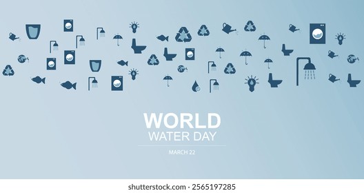 World Water Day Sustainable Icons Pattern Banner. water conservation icons including recycling symbols, washing machines, umbrellas, and shower heads arranged around World Water Day text. Water