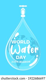 World water day. Water tap with Earth globe inside water drop on blue background.Vector illustration.