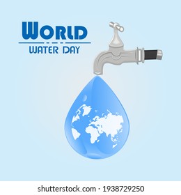 World water day. Water tap with the Earth globe inside water drop on blue background. Banner, card or poster for campaign save water. Ecology concept. Earth planet in waterdrop. Vector illustration