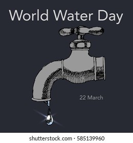 World Water Day. Water tap with falling drop. Hand drawn vector stock illustration
