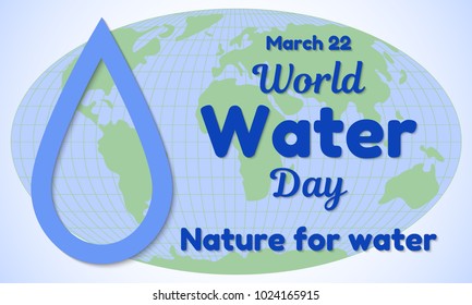 World Water Day theme greeting card or banner. A drop of water cut from paper and resembling an inscription. The background is a map of the world. Vector illustration