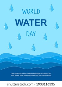 World Water Day vector banner. Waves and drops on the blue background. 