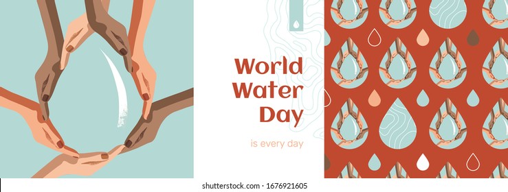 World water day vector concept for sustainable development goals. Multicultural people's hands make aqua drop symbol and pattern. Ocean ecology responsibility awareness month. bottle design