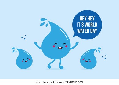 World Water Day vector greeting card, illustration with three happy cartoon style water drops characters. March 22.

