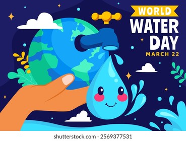 World Water Day Vector Illustration  Featuring Waterdrops, Taps, and Messages to Save Earth and Promote Freshwater Management in a Background