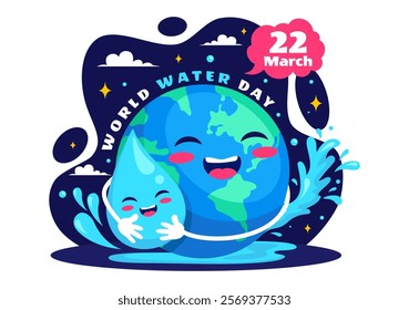 World Water Day Vector Illustration  Featuring Waterdrops, Taps, and Messages to Save Earth and Promote Freshwater Management in a Background