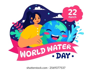 World Water Day Vector Illustration  Featuring Waterdrops, Taps, and Messages to Save Earth and Promote Freshwater Management in a Background