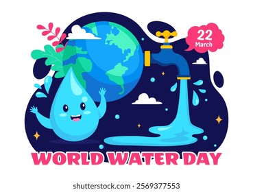 World Water Day Vector Illustration  Featuring Waterdrops, Taps, and Messages to Save Earth and Promote Freshwater Management in a Background