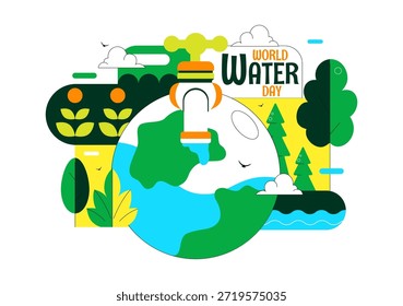 Ilustración vectorial Del Día Mundial Del Agua Con Gotas De Agua, Grifos Y Mensajes Que Alientan La Protección De La Tierra Y La Gestión Del Agua Dulce