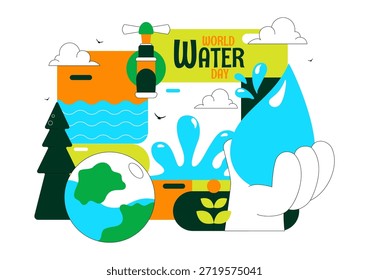 Ilustración vectorial Del Día Mundial Del Agua Con Gotas De Agua, Grifos Y Mensajes Que Alientan La Protección De La Tierra Y La Gestión Del Agua Dulce