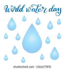 World water day vector lettering illustration eps10 in blue colors. Environmental protection concept. Save the water awareness. Ecology banner with water drop.