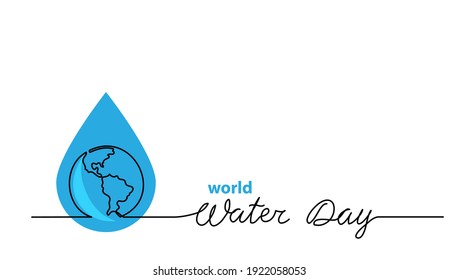 World water day vector one line illustration with aqua drop and planet. Minimal background, banner, poster with lettering Water Day.