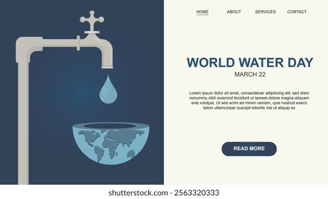 World Water Day Website Landing Page with Global Faucet. Modern website design featuring symbolic faucet dripping water into Earth bowl, symbolizing environmental protection and saving water. Water